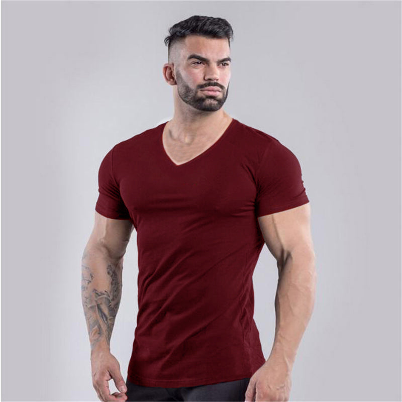 V-Neck Slim Fit Plain Cotton Gym T-shirt Men