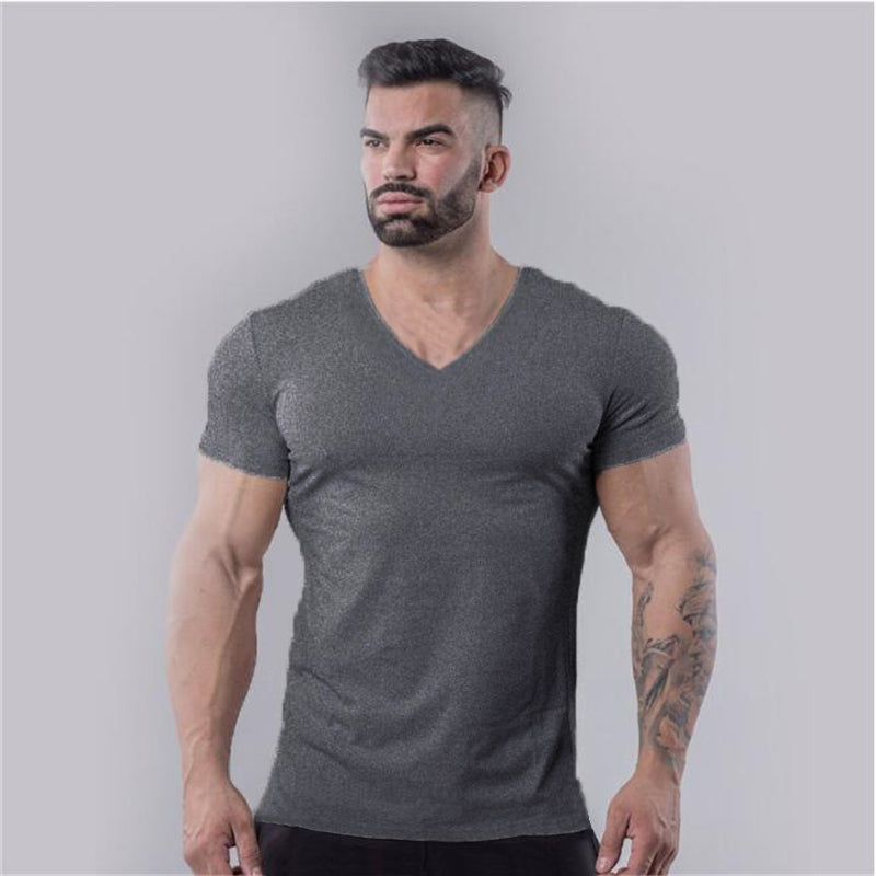 V-Neck Slim Fit Plain Cotton Gym T-shirt Men