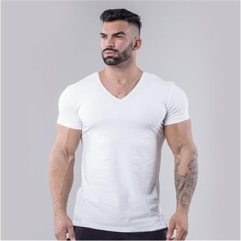 V-Neck Slim Fit Plain Cotton Gym T-shirt Men