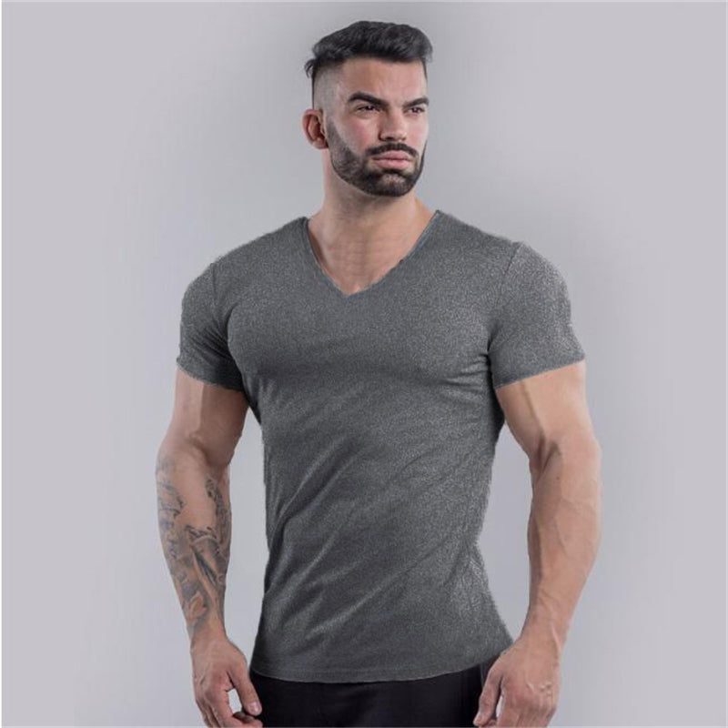 V-Neck Slim Fit Plain Cotton Gym T-shirt Men