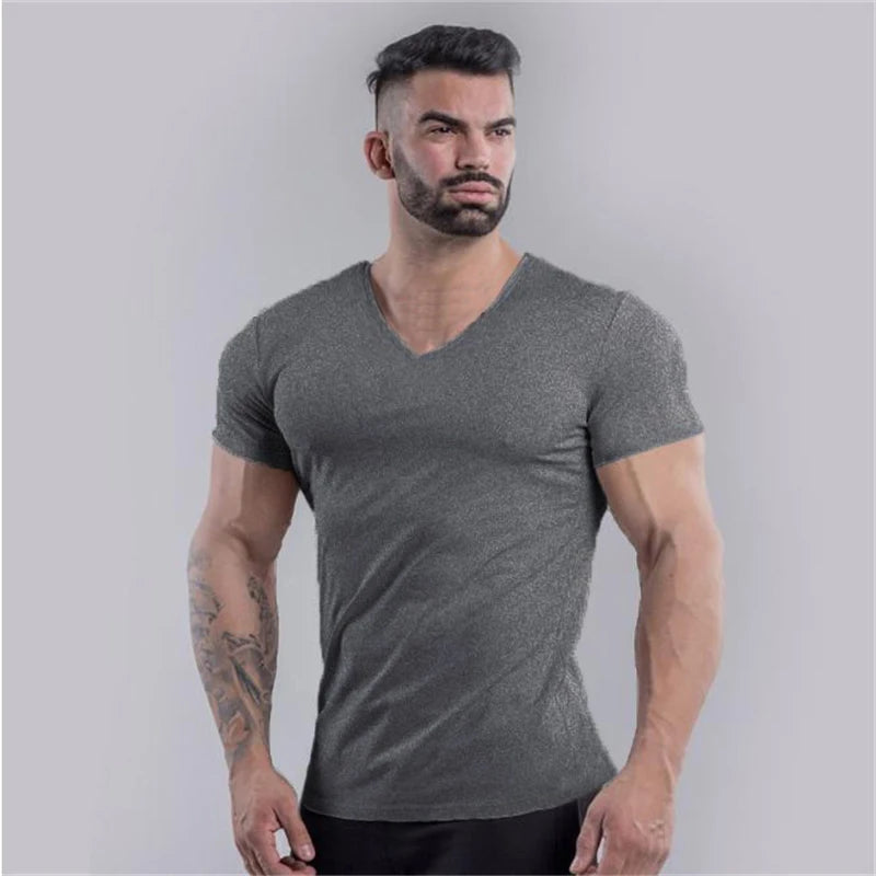 V-Neck Slim Fit Plain Cotton Gym T-shirt Men