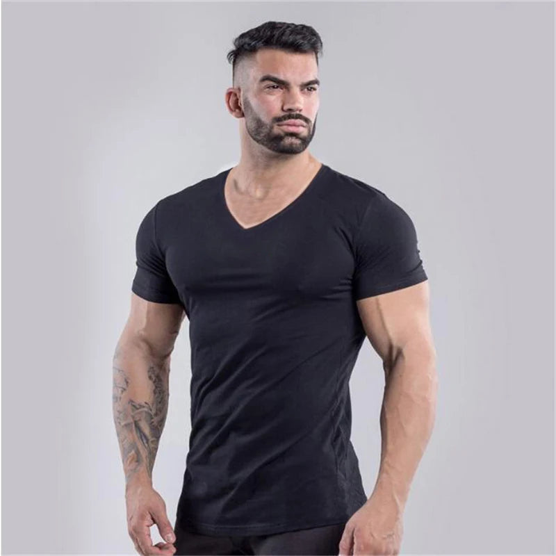 V-Neck Slim Fit Plain Cotton Gym T-shirt Men