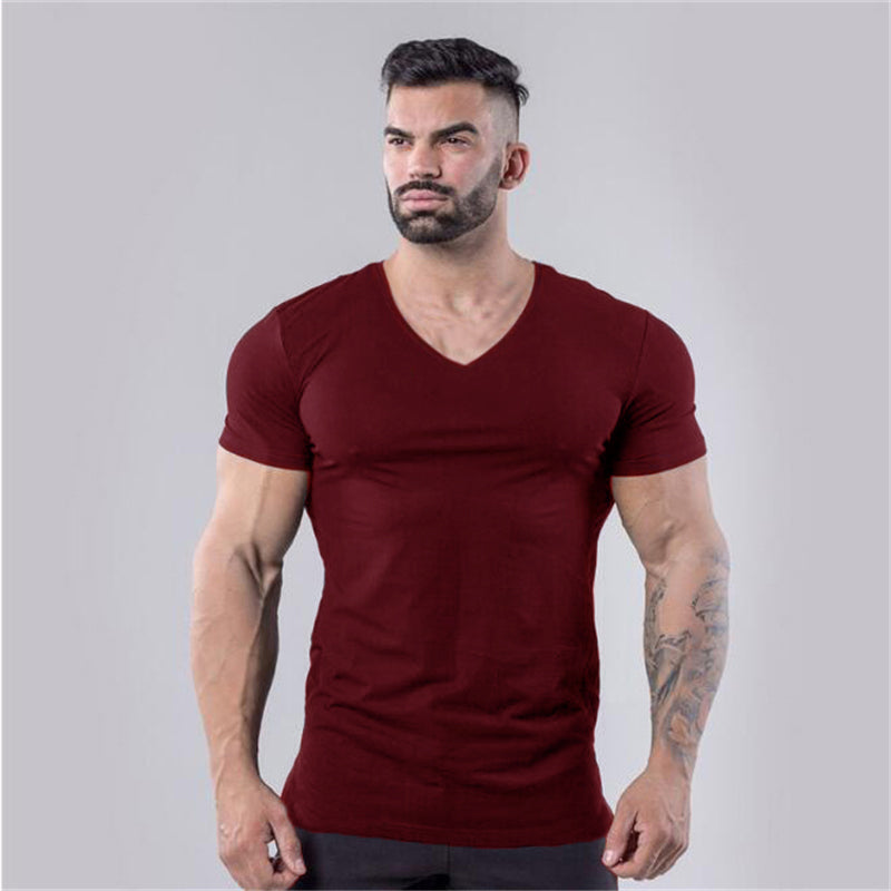 V-Neck Slim Fit Plain Cotton Gym T-shirt Men