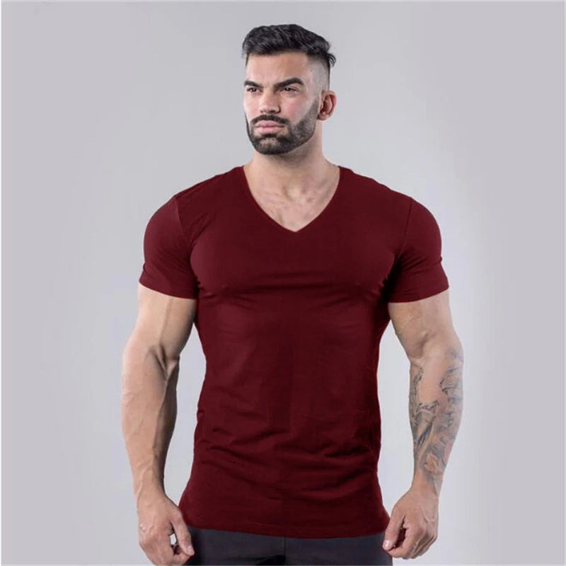 V-Neck Slim Fit Plain Cotton Gym T-shirt Men