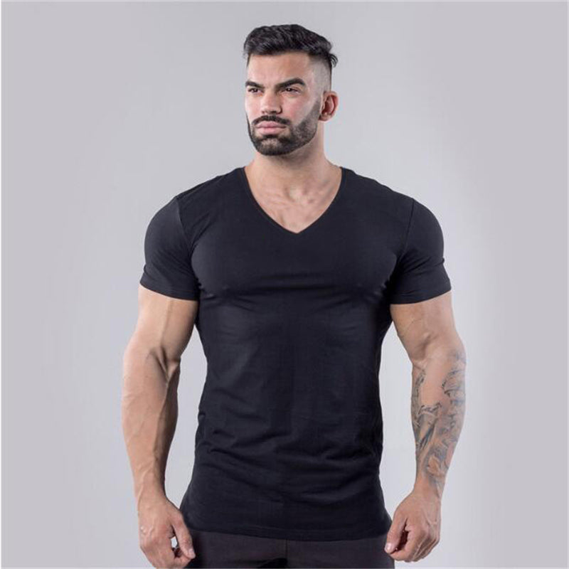 V-Neck Slim Fit Plain Cotton Gym T-shirt Men