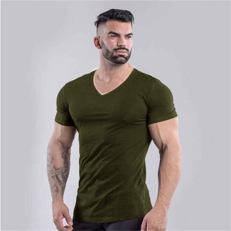 V-Neck Slim Fit Plain Cotton Gym T-shirt Men