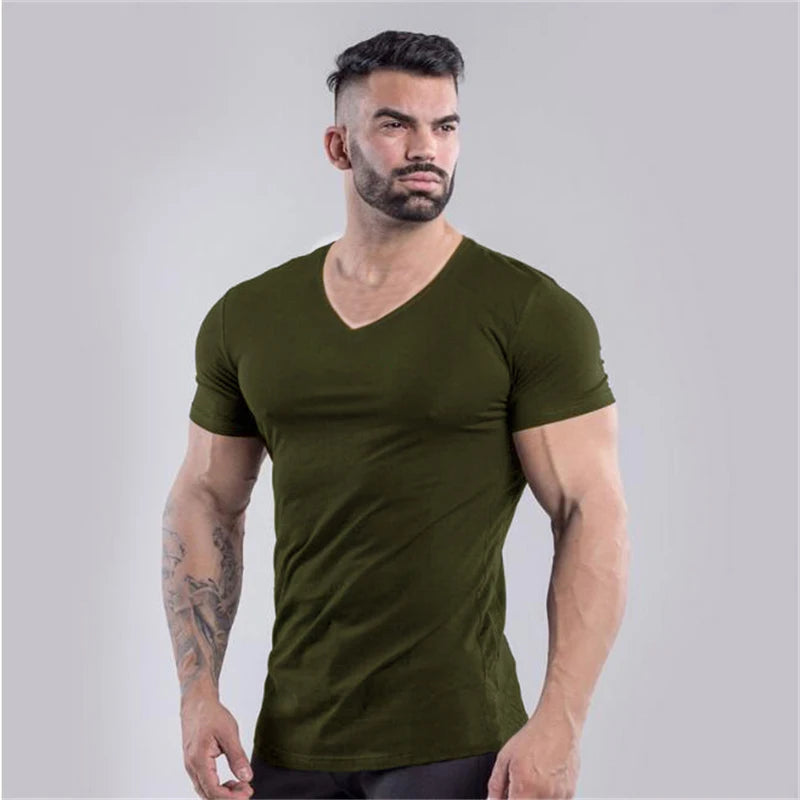 V-Neck Slim Fit Plain Cotton Gym T-shirt Men