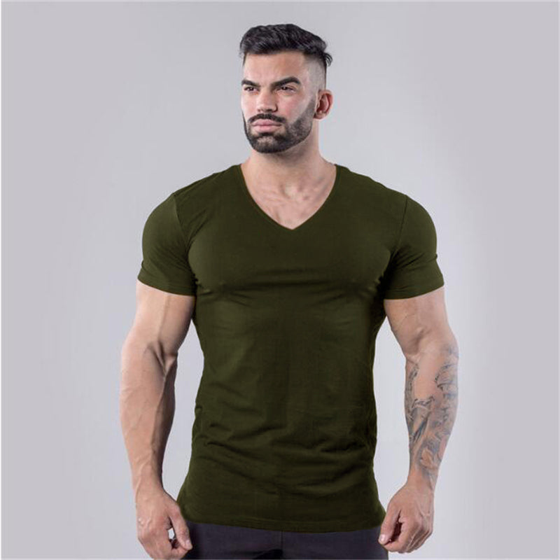 V-Neck Slim Fit Plain Cotton Gym T-shirt Men