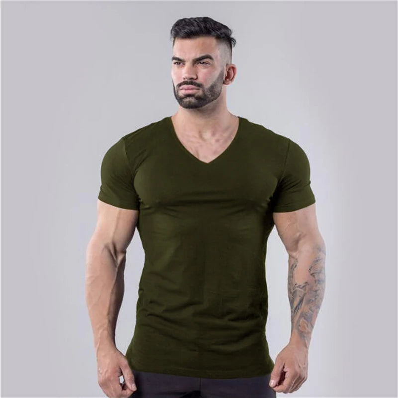 V-Neck Slim Fit Plain Cotton Gym T-shirt Men